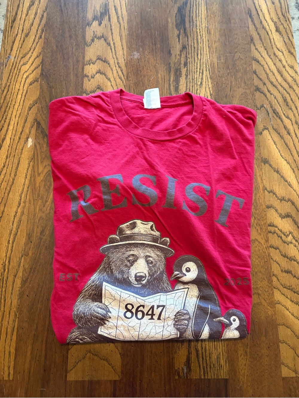 Men's Red 'RESIST' Short Sleeve Graphic Tee with Bear & Penguin Artwork
